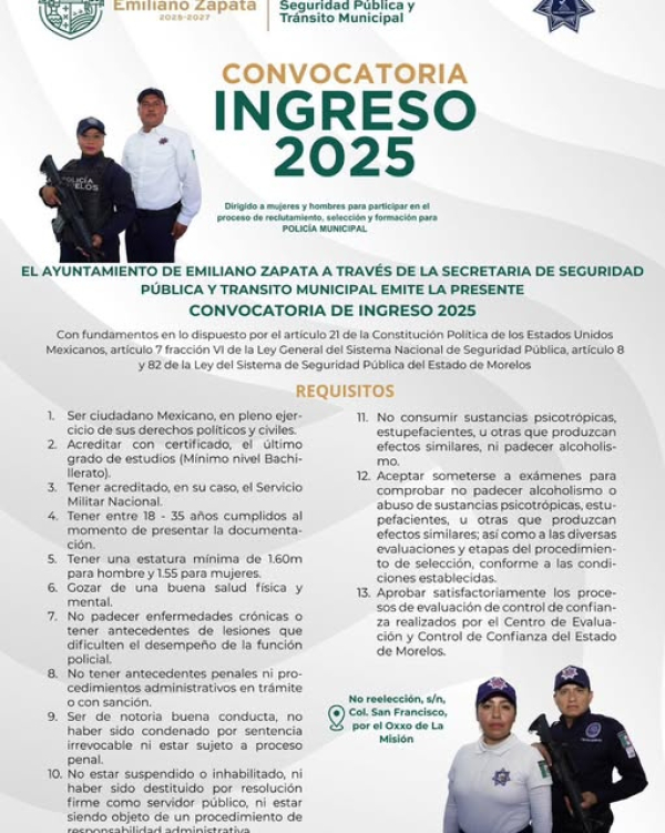Convocatoria para ingresar a la Policía Municipal de Emiliano Zapata