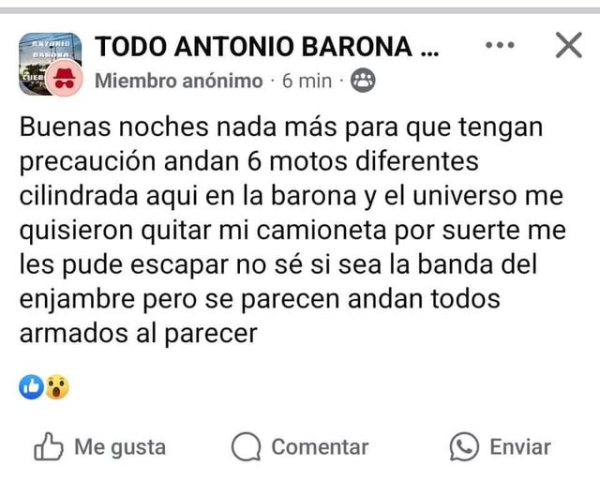 Denuncian intento de robo en Antonio Barona por grupo armado en motocicletas